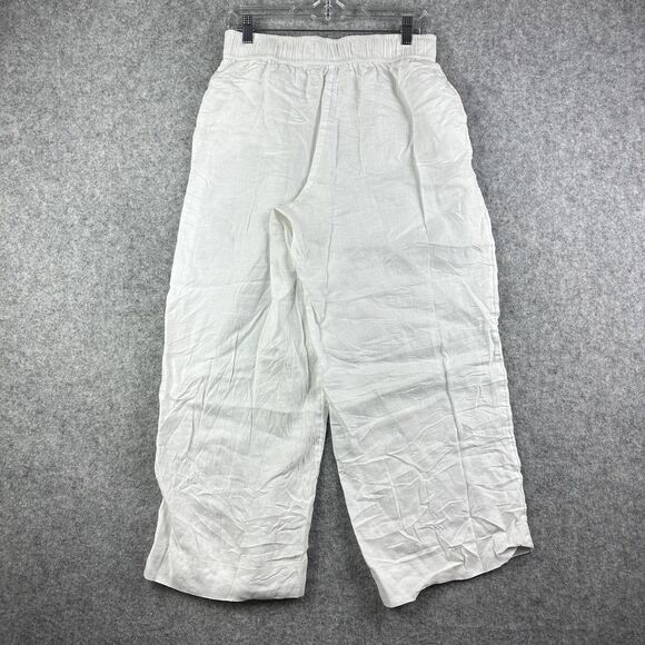 Tahari Pull On Linen Pants Womens M White Wide Leg Elastic Waist Pockets Beach - Picture 5 of 13
